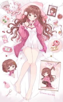 Rule 34 | 1girl, :d, absurdres, bare legs, bare shoulders, barefoot, blush, breasts, brown eyes, brown hair, cake, cake slice, cardigan, cellphone, cherry, chibi, cleavage, commentary, commission, cupcake, dango, dress, food, fruit, full body, hair ornament, hairclip, handheld game console, hands up, highres, indie virtual youtuber, large breasts, long hair, long sleeves, looking at viewer, lying, multiple views, on back, on bed, open cardigan, open clothes, open mouth, parallel hairclips, phone, pom pom (clothes), pom pom hair ornament, purple cardigan, sakurane non, sanshoku dango, short dress, skeb commission, sleeveless, sleeveless dress, smartphone, smile, tsukiyo (skymint), virtual youtuber, wagashi, white dress