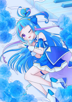 Rule 34 | 1girl, absurdres, aokaze nana, aqua hair, bare shoulders, blue flower, blue skirt, blue theme, blush, boots, breasts, brooch, collarbone, commentary request, cure wink, dress, flower, full body, fuyukusa 1, headset, heart, heart brooch, highres, idol, idol clothes, idol heart brooch (precure), idol heart incom, jewelry, kimi to idol precure, long hair, looking at viewer, lying, medium breasts, multicolored hair, on side, one eye closed, open mouth, plaid clothes, plaid skirt, plaid sleeves, precure, purple eyes, purple hair, short sleeves, skirt, smile, solo, strapless, strapless dress, thigh strap, very long hair, watermark, white boots