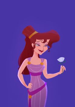 Rule 34 | 1girl, ancient greek clothes, animification, bare shoulders, brown hair, commentary request, dress, eyeshadow, greco-roman clothes, hercules (1997 movie), highres, long hair, looking at viewer, makeup, maruta ya, megara (disney), ponytail, purple dress, purple eyes, purple eyeshadow, simple background, sleeveless, smile, toon (style)