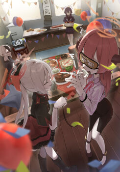 4girls absurdres aru_(blue_archive) balloon birthday birthday_cake black_boots black_hair black_hoodie black_jacket black_skirt blindfold blue_archive boots cake closed_eyes closed_mouth collared_shirt commentary_request computer confetti doodle_sensei_(blue_archive) food grey_hair halo hands_up haruka_(blue_archive) hat highres holding holding_cake holding_food holding_unworn_clothes holding_unworn_hat hood hoodie indoors jacket kayoko_(blue_archive) koutannkoburia laptop long_hair long_sleeves miniskirt multicolored_hair multiple_girls mutsuki_(blue_archive) open_mouth party_hat pencil_skirt problem_solver_68_(blue_archive) purple_hair purple_halo red_hair red_halo red_skirt sensei_(blue_archive) shirt shoes short_hair skirt standing streaked_hair unworn_hat unworn_headwear