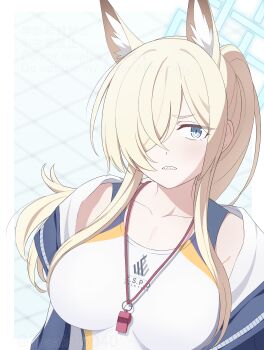 Rule 34 | 1girl, animal ear fluff, animal ears, bare shoulders, blonde hair, blue archive, blue eyes, blue halo, blurry, blurry background, border, breasts, clenched teeth, collarbone, commentary, dog ears, dog girl, extra ears, floating hair, hair over one eye, halo, highres, impossible clothes, impossible swimsuit, iwaaiso5040, jacket, kanna (blue archive), kanna (swimsuit) (blue archive), large breasts, long bangs, long hair, looking at viewer, official alternate costume, official alternate hairstyle, one-piece swimsuit, one eye covered, open clothes, open jacket, outside border, ponytail, rectangular halo, sharp teeth, sidelocks, slit pupils, solo, swimsuit, teeth, tsurime, twitter username, upper body, v-shaped eyebrows, watermark, whistle, whistle around neck, white border, white one-piece swimsuit