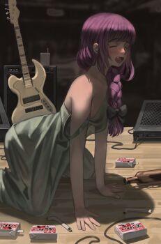 Rule 34 | 1girl, alcohol, alcohol carton, all fours, bare shoulders, bass guitar, black bow, blunt bangs, blush, bocchi the rock!, bottle, bow, braid, breasts, cable, closed eyes, collarbone, dim lighting, dress, drink carton, drinking straw, fang, feet out of frame, green dress, hair over shoulder, highres, hiroi kikuri, indoors, instrument, lips, long hair, nose, open mouth, overhead lights, purple hair, raised eyebrows, small breasts, solo, strap slip, wi33ard, wooden floor