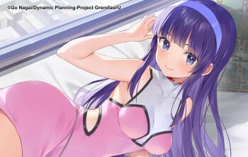 1girl bare_shoulders blue_eyes blue_hair blush breasts closed_mouth commentary_request copyright_name covered_collarbone dress grendizer_u hairband highres lips long_hair looking_at_viewer lying mazinger_(series) medium_breasts on_side short_dress sleeveless smile solo ufo_robo_grendizer yumi_sayaka yuuki_hagure