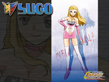 1990s_(style) 1girl choker clothes_writing cyberformula elbow_gloves female_focus future_gpx_cyber_formula gloves heart race_queen retro_artstyle solo sugo_grand_prix_campaign_girl thighhighs