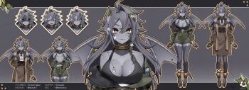 1girl absurdres ahoge anklet belt bracelet breasts broken_horn coat collar colored_skin commentary cup drinking_glass english_commentary full_body gargoyle grey_hair grey_skin hair_between_eyes highres holding holding_cup horns indie_virtual_youtuber jax_(vtuber) jewelry large_breasts long_hair necktie reference_sheet roxoah spiked_collar spikes tank_top virtual_youtuber wings yellow_eyes