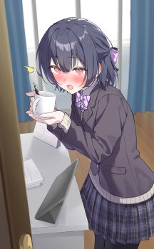 1girl :o ^^^ absurdres amama_(pcnk4878) black_hair black_jacket black_skirt blush bow bowtie calendar_(object) caught coffee commentary_request cup drinking_glass grey_sweater highres holding holding_cup idolmaster idolmaster_shiny_colors indoors jacket long_hair looking_at_viewer morino_rinze mug paper_stack plaid_clothes plaid_skirt pleated_skirt pov purple_bow purple_bowtie red_eyes school_uniform short_hair skirt solo striped_bow striped_bowtie striped_clothes sweater tablet_pc