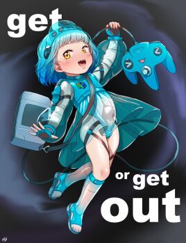 &gt;_&lt; 1girl :3 bag black_background blue_boots blue_dress blue_gloves blue_hair blush boots born-to-die controller dress fingerless_gloves flat_chest floating game_console game_controller gloves hairband holding holding_controller leotard leotard_under_clothes logo_print loli long_sleeves looking_at_viewer nintendo nintendo_64 nintendo_64_controller open-toe_boots open_mouth personification print_dress see-through_clothes see-through_dress short_hair shoulder_bag smile teeth thigh_strap white_leotard yellow_eyes