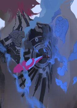 2girls absurdres arcane:_league_of_legends arcane_jinx arcane_vi back back_tattoo blue_hair colored_smoke heartvify highres hug jacket jinx_(league_of_legends) league_of_legends long_hair multiple_girls pink_hair red_hair red_jacket shadow siblings sisters smoke standing tattoo vi_(league_of_legends)