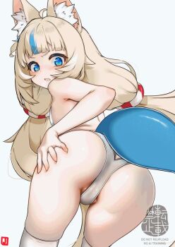 1girl animal_ear_fluff animal_ears animated armpit_crease ass blinking blonde_hair blue_eyes blue_hair cat_ears color_banding fins fish_girl fish_tail from_behind indie_virtual_youtuber johnny_(braun-kan_cafe) loli long_hair looking_at_viewer looking_back low_twintails multicolored_hair one_side_up open_mouth panties sameko_saba simple_background solo streaked_hair tagme tail thighhighs twintails two-tone_hair underwear video virtual_youtuber white_background white_panties white_thighhighs