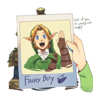 1boy :d armor belt blonde_hair blue_eyes brown_belt brown_gloves commentary cropped_arm cropped_torso earrings english_commentary english_text fingerless_gloves gloves gold_armor green_hat green_tunic grin hand_up hat hero's_shade highres holding holding_photo instrument jewelry leaf link long_sleeves looking_at_viewer male_focus musical_note nintendo nostrils ocarina open_mouth photo_(object) pointy_ears quarter_note shirt shoulder_belt smile spongebob_squarepants_(series) supsross teeth the_legend_of_zelda the_legend_of_zelda:_ocarina_of_time the_legend_of_zelda:_twilight_princess toon_link tunic upper_teeth_only white_background white_shirt