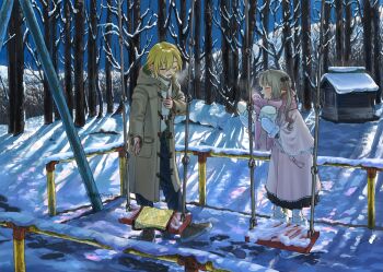 Rule 34 | 1boy, 1girl, absurdres, blonde hair, blush, breath, closed eyes, coat, food, forest, grey hair, hashtag-only commentary, highres, koze niire, makaino ririmu, mittens, multicolored hair, nature, nijisanji, outdoors, pink hair, pointy ears, smile, snow, steamed bun, sunlight, swing, twintails, two-tone hair, uzuki kou, winter, winter clothes