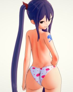 1girl 3d ass back blue_hair brown_eyes fairy_tail food_print fruit_print hand_on_own_hip highres jajo14 long_hair looking_at_viewer looking_back panties print_panties shoulder_tattoo smile solo strawberry_panties strawberry_print tattoo thighs topless_female twintails underwear wedgie wendy_marvell