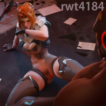 1boy 1girl 3d arm_support artist_name boots breasts broken_glass cleavage clenched_teeth commentary dark-skinned_male dark_skin doomfist_(overwatch) english_commentary female_pubic_hair fingerless_gloves freckles freja_(overwatch) from_above glass gloves green_eyes highres looking_at_another navel on_floor orange_hair overwatch pubic_hair pussy rwt4184 skindentation solo_focus teeth thick_thighs thigh_boots thighs torn_clothes