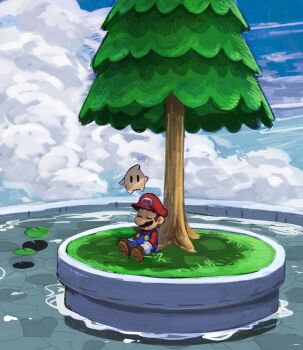 1boy absurdres blue_overalls blue_sky brown_shoes buttons closed_eyes cloud cloudy_sky creature facial_hair full_body gold_buttons grass hat highres luma_(mario) male_focus mario mario_(series) mustache nintendo overalls red_hat red_shirt shirt shoes sitting sky sleeping solo tree water yamari_(ya_mari_6363)