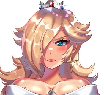 1girl 2025 angry blonde_hair blue_dress blue_eyes blush breasts cleavage collarbone crown curly_hair dress eyebrows_hidden_by_hair female_focus frown hair_over_one_eye highres long_hair looking_at_viewer mario_(series) nintendo off-shoulder_dress off_shoulder red_lips reference_work rosalina sakurachanart02 solo straight-on super_mario_galaxy the_super_mario_galaxy_movie white_trim