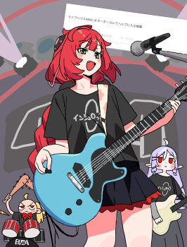 Rule 34 | 3girls, absurdres, ahoge, andii (anzai teachco), baseball bat, black shirt, blonde hair, bocchi the rock!, braid, drill hair, drill sidelocks, drum, drum set, electric guitar, fang, frown, green eyes, guitar, hasegawa ikumi, highres, holding, holding plectrum, instrument, long hair, look-alike, luciana de montefio, microphone, microphone stand, mizuno saku, mole, mole under eye, multiple girls, nail (hardware), nail bat, plectrum, pointy ears, purple hair, red eyes, red hair, request inset, shirt, side ponytail, sidelocks, ukinami yuzuha, vivian banshee, voice actor connection, zenless zone zero