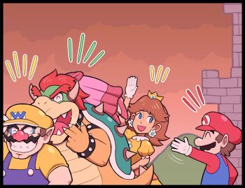 2girls 3boys ayyk92 bowser brooch brown_hair castle closed_eyes crown earrings facial_hair fat fat_man flower_brooch flower_earrings gloves grin hat jewelry kidnapped looking_at_another mario mario_(series) multiple_boys multiple_girls mustache nintendo open_mouth over_shoulder overalls princess_daisy princess_peach red_eyes red_hair smile spikes wario waving