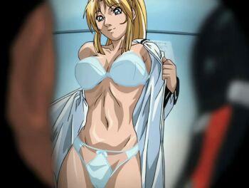 00s 1girl 2005 animated animated_gif anime_screenshot bible_black bible_black_only blonde_hair bra breasts changing changing_room curvy high_ponytail large_breasts long_hair open_clothes open_shirt panties peeking peephole ponytail purple_eyes saeki_kaori school school_uniform shirt smile spying tagme underwear undressing voyeur_pov white_panties white_shirt