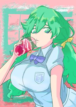 1girl bleach bleach:_sennen_kessen-hen breasts drinking drinking_straw espada green_eyes green_hair large_breasts long_hair nelliel_tu_odelschwanck official_alternate_costume ribbon school_uniform solo spinosaur1111 twintails