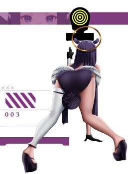 1girl aiming arm_support bare_shoulders bent_over black_gloves black_shoes blackcapbandit dress facing_away feathered_wings from_behind gloves goddess_of_victory:_nikke gun halo hand_up high_heels highres holding holding_gun holding_weapon hololive hololive_english long_hair meme nikke&#039;s_shooting_pose_(meme) ninomae_ina&#039;nis ninomae_ina&#039;nis_(1st_costume) platform_clogs platform_heels platform_shoes purple_background purple_dress purple_hair shoes single_detached_legging target target_practice two-tone_background virtual_youtuber weapon white_background wings