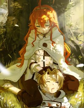 1boy 1girl against_tree ahoge black_hairband black_pants blood blood_on_clothes blood_on_face bruise cape closed_eyes commentary day english_commentary eris_greyrat grass hair_between_eyes hairband hand_on_another's_head hetero highres injury lap_pillow long_hair long_sleeves lying messy_hair mushoku_tensei nosebleed on_back on_grass on_ground open_mouth outdoors pants red_hair robe rudeus_greyrat shirt short_hair sitting sleeping sleeping_on_person sleeping_upright tree twitter_username under_tree waligner white_cape white_robe white_shirt