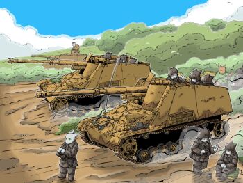 6+boys blue_sky bush cannon caterpillar_tracks combat_helmet day grass helmet highres hill military_vehicle motor_vehicle multiple_boys nashorn_spg original panzer_iv radio_antenna sky soldier stahlhelm tank turretless_tank yabarn