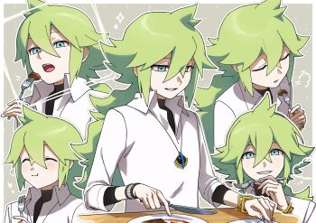 ^_^ aqua_eyes arm_up black_shirt border bracelet closed_eyes collared_shirt commentary crossed_bangs double-parted_bangs eating food fork hand_on_own_chin highres hitotose_rinne holding holding_fork holding_knife holding_utensil jewelry knife male_focus multiple_views n_(pokemon) necklace nintendo open_mouth parted_lips plate pokemon pokemon_bw puff_of_air shirt smile symbol-only_commentary teeth tongue upper_teeth_only utensil white_border white_shirt wing_collar