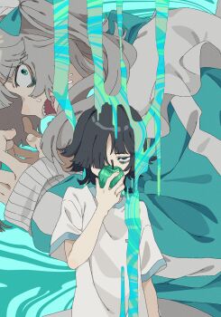 Rule 34 | 1girl, ambiguous blue liquid, apple, aqua bow, aqua eyes, aqua jacket, bags under eyes, black hair, bow, commentary request, food, fruit, grey hair, hair bow, highres, holding, holding food, holding fruit, jacket, pinponpo, sharp teeth, shirt, short hair, short sleeves, straight-on, teeth, tensei ringo (vocaloid), tomboy, track jacket, twintails, upper body, vocaloid, white shirt, white trim