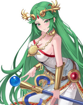 1girl absurdres breasts chain circlet cleavage collarbone commentary dress gold_chain green_eyes green_hair grin highres holding holding_staff jewelry jyn_jyn kid_icarus kid_icarus_uprising large_breasts long_hair nintendo palutena pendant simple_background single_thighhigh smile solo staff strapless strapless_dress thighhighs v very_long_hair white_background white_dress white_thighhighs