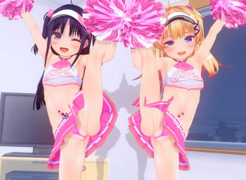 2girls 3d artist_request blonde_hair blush cameltoe cheerleader fat_mons female_focus flat_chest loli looking_at_viewer multiple_girls tagme upskirt