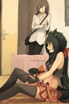 2011 2girls animal_ears bed black_hair blue_eyes blush bow brown_hair cat_ears charm_(object) closed_eyes dated door dressing facial_mark faustsketcher grin hair_bow leaning long_hair midriff multiple_girls original plaid_clothes plaid_skirt ponytail sitting skirt smile sock_pull sweatdrop tail tail_bow tail_ornament thighhighs watermark web_address wooden_floor