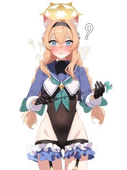 !? 1girl ? ailushin alternate_costume animal_ear_fluff animal_ears black_gloves black_leotard blue_archive blue_eyes blue_shrug blush braid braided_twintails cat_ears cosplay covered_navel cowboy_shot embarrassed frills gloves half_gloves halo highleg highleg_leotard highres holding holding_riding_crop leotard looking_at_viewer low_twin_braids lowleg mari_(blue_archive) orange_hair riding_crop shimiko_(blue_archive) shimiko_(blue_archive)_(cosplay) shimiko_(magical)_(blue_archive) shrug_(clothing) twin_braids white_background yellow_halo
