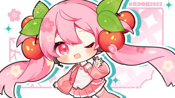 1girl ;d bare_shoulders blush_stickers boots character_name cherry_hair_ornament chibi chibi_only collared_shirt commentary_request detached_sleeves feet_out_of_frame food-themed_hair_ornament hair_ornament hand_up hatsune_miku kashiwase_karune long_hair long_sleeves looking_at_viewer miku_day miniskirt necktie one_eye_closed open_mouth outline petals pink_boots pink_eyes pink_hair pink_necktie pink_skirt pink_sleeves pleated_skirt sakura_miku shirt skirt sleeveless sleeveless_shirt smile solo thigh_boots twintails vocaloid white_outline white_shirt