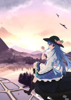 Rule 34 | 3girls, absurdres, aki minoriko, aki shizuha, apron, black hat, blonde hair, blue hair, boots, bridge, brown boots, chinese commentary, commentary request, evening, food, frilled skirt, frills, fruit, fruit hat ornament, hat, hat ornament, highres, hinanawi tenshi, holding, holding food, holding fruit, kaname-ishi, knee boots, lace-up boots, leaf hat ornament, long hair, looking at viewer, mountainous horizon, multiple girls, orange hat, outdoors, peach, peach hat ornament, puffy short sleeves, puffy sleeves, red eyes, rice paddy, shide, shirt, short sleeves, siblings, sisters, sitting, skirt, solo focus, touhou, very long hair, white apron, white shirt, wrainman