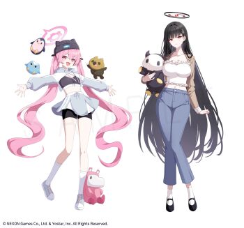 2girls absurdres bike_shorts bike_shorts_under_skirt black_hair black_hat black_shoes black_shorts blue_archive blue_pants brown_jacket casual full_body halo hat highres jacket kneehighs knit_hat koyuki_(blue_archive) long_hair long_sleeves looking_at_viewer midriff misyune multiple_girls navel official_art open_clothes open_jacket pants parted_lips pink_eyes pink_hair red_eyes rio_(blue_archive) sample_watermark shoes shorts simple_background skirt sneakers socks standing symbol-shaped_pupils twintails very_long_hair watermark white_background white_socks