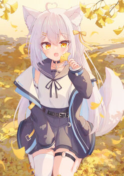 Rule 34 | 1girl, ahoge, animal ear fluff, animal ears, belt, black belt, black jacket, black skirt, blue sailor collar, bow, commission, cropped shirt, detached sleeves, double-parted bangs, fang, ginkgo leaf, hair between eyes, hair bow, hair ornament, hairclip, heart, heart ahoge, high-waist skirt, highres, holding, holding leaf, isoroku (isrk), jacket, leaf, long hair, looking at viewer, miniskirt, o-ring, o-ring thigh strap, open clothes, open jacket, open mouth, original, outdoors, pleated skirt, sailor collar, seiza, shirt, single thighhigh, sitting, skeb commission, skin fang, skirt, sleeveless, sleeveless shirt, smile, solo, tail, thigh strap, thighhighs, very long hair, white shirt, white thighhighs, yellow bow