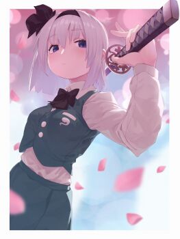 1girl :| absurdres black_bow black_bowtie black_hairband blue_eyes blurry blurry_background blush border bow bowtie breasts calyx_(mr-wdnmd) cherry_blossoms closed_mouth commentary depth_of_field falling_petals green_skirt green_vest grey_hair hairband highres hitodama_print holding holding_sword holding_weapon katana konpaku_youmu long_sleeves mixed-language_commentary petals shirt shirt_tucked_in short_hair skirt skirt_set small_breasts solo sword touhou vest weapon white_border white_shirt