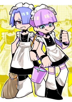 2boys :d absurdres alternate_costume apron ben-day_dots black_bow black_bowtie black_dress black_nails blue_eyes blunt_bangs bow bowtie broom brothers bucket commentary crossdressing crossdressing_(mtf) dress earrings enmaided eyelashes hair_over_one_eye hashtag-only_commentary highres holding holding_bucket jewelry jitome looking_to_the_side maid maid_apron male_focus male_maid multiple_boys nail_polish one_eye_covered open_mouth panty_&amp;_stocking_with_garterbelt panty_&amp;_stocking_with_garterbelt_(style) parted_hair piercing pink_hair polyester_(psg) polyurethane_(psg) screentones sharp_teeth siblings sideways_glance smile standing tagaamy73 teeth tongue tongue_out white_apron zoom_layer