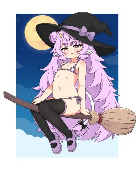 1girl 2kaze absurdres animal_ears animal_print bikini blush bow broom broom_riding cow_ears cow_print cow_print_bikini cow_tail double_bun hair_bun halloween hat highres horns loli long_hair looking_at_viewer mole muu_muyu navel phase_connect pink_eyes print_bikini purple_hair shoes side-tie_bikini_bottom smile solo swimsuit tail thighhighs very_long_hair virtual_youtuber witch witch_hat