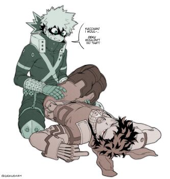 absurdres bakugou_katsuki bakugou_katsuki_(cosplay) boku_no_hero_academia cosplay costume_switch dekudash english_text green_eyes highres legs_together looking_at_viewer lying middle_finger midoriya_izuku midoriya_izuku_(cosplay) monochrome on_back piercing red_eyes scar scar_on_face short_hair simple_background speech_bubble spiked_hair superhero_costume tongue tongue_out tongue_piercing twitter_username white_background