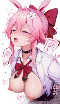 animal_ears black_skirt blush bow breasts commentary_request evanescia_(honkai:_star_rail) flower fox_ears fox_girl hair_flower hair_ornament honkai:_star_rail honkai_(series) iku_paon implied_sex large_breasts pink_hair purple_eyes red_bow shirt short_hair skirt through_wall tongue tongue_out white_shirt