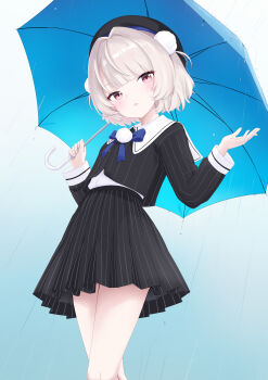 1girl absurdres beret black_hat black_jacket black_skirt blue_background blue_umbrella blunt_bangs blush commentary contrast_collar from_below gradient_background hair_intakes hair_ornament hat highres holding holding_umbrella jacket long_sleeves looking_at_viewer parted_lips pink_eyes pom_pom_(clothes) pom_pom_hair_ornament puritan_collar rain shirt short_hair simple_background skirt solo striped_clothes striped_jacket striped_skirt two_side_up ui_(voisona) umbrella untranslatable_commentary vertical-striped_clothes vertical-striped_jacket vertical-striped_skirt voisona wataamerakugaki white_shirt
