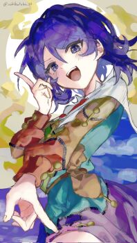 1girl :d aokihatoba_01 blue_eyes blue_hair cape commentary_request hair_between_eyes highres index_finger_raised long_sleeves looking_at_viewer multicolored_clothes open_mouth patchwork_clothes short_hair sky_print smile solo teeth tenkyuu_chimata touhou twitter_username upper_body upper_teeth_only white_cape