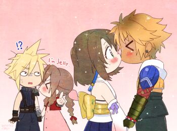 !? >_< 2boys 2girls aerith_gainsborough armor back_bow bangle bare_shoulders belt blonde_hair blue_pants blue_shirt blue_skirt blush bow bracelet braid braided_ponytail brown_hair cloud_strife couple cropped_jacket detached_sleeves dress earrings english_text final_fantasy final_fantasy_vii final_fantasy_x fingerless_gloves gloves green_eyes hair_between_eyes hair_ornament hair_ribbon holding_hands hood hooded_jacket in-franchise_crossover jacket japanese_clothes jealous jewelry kiss krudears long_hair multiple_boys multiple_girls open_mouth pants parted_bangs pink_background pink_dress pink_ribbon pleated_skirt pointing pouty_lips red_jacket ribbon shirt short_hair shoulder_armor sidelocks single_earring skirt sleeveless sleeveless_turtleneck sparkle spiked_hair square_enix suspenders sweatdrop tidus turtleneck white_shirt yuna