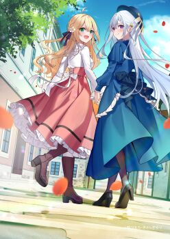 2girls absurdres ahoge anisphia_wynn_palettia black_pantyhose black_shoes blonde_hair blue_dress blue_sky boots breasts brown_boots closed_mouth commentary_request cover cover_image dress euphyllia_magenta floating_hair from_behind green_eyes grey_hair hair_ribbon high_heels highres holding_hands kisaragi_yuri knee_boots long_hair long_skirt long_sleeves looking_at_viewer looking_back multiple_girls official_art open_mouth outdoors pantyhose pink_skirt purple_eyes ribbon shirt shoes skirt sky small_breasts smile tensei_oujo_to_tensai_reijou_no_mahou_kakumei thighhighs white_shirt white_thighhighs