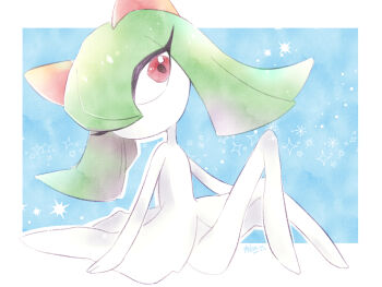 blue_background colored_skin gen_3_pokemon green_hair hair_over_one_eye horns jinyui_numa kirlia nintendo pink_eyes pokemon pokemon_(creature) sidelocks sitting sparkle square white_skin