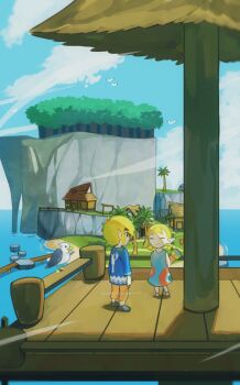 1boy 1girl ^_^ arms_behind_back artist_name aryll bird blue_dress blue_shirt blue_sky bridge brother_and_sister brown_footwear brown_pants child cliff closed_eyes closed_mouth cloud commentary_request day dress fence floral_print forest grass grey_footwear highres holding holding_telescope house in-universe_location island link long_sleeves low_twintails maruta_maruta medium_hair mountain nature nintendo ocean outdoors palm_tree pants path pointy_ears print_dress railing road sandals scenery seagull shirt shoes short_hair short_twintails siblings signature sky sleeveless sleeveless_dress smile statue telescope the_legend_of_zelda the_legend_of_zelda:_the_wind_waker tree twintails village water wooden_bridge wooden_fence wooden_floor wooden_railing