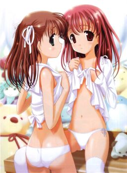 2000s_(style) 2girls ass blouse brown_hair butt_crack collarbone cowboy_shot dengeki_moeoh flat_chest from_behind grey_eyes hair_ribbon highres kobayashi_ritz light_blush long_hair looking_at_viewer looking_back magazine_scan multiple_girls navel no_pants original panties parted_lips red_eyes red_hair ribbon scan shiny_skin shirt sitting standing stuffed_animal stuffed_toy teddy_bear thighhighs two_side_up underwear white_panties white_ribbon white_shirt white_thighhighs wispy_bangs