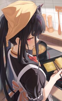 1girl apron ascot black_hair black_horns black_serafuku black_shirt black_skirt blue_archive blush bow chopsticks commentary cooking cooking_pot counter demon_girl demon_horns food from_behind fuuka_(blue_archive) hair_on_horn headscarf highres holding holding_chopsticks horns indoors kerchief kitchen kuchisode long_hair looking_at_viewer looking_back omelet open_mouth pepper_shaker pink_bow pink_eyes ponytail red_ascot red_eyes salt_shaker school_uniform serafuku shirt skirt solo steam stove tile_wall tiles twintails white_apron yellow_headscarf