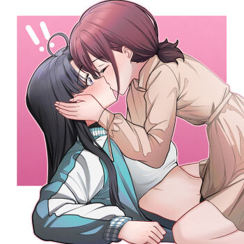 ! !! 2girls ahoge artist_request awa_subaru black_hair blue_jacket blush brown_dress closed_eyes commentary_request commission crop_top dress girls_band_cry highres iseri_nina jacket kiss midriff multiple_girls pink_background purple_eyes red_hair second-party_source shirt short_twintails straddling twintails two-tone_background white_background white_shirt yuri